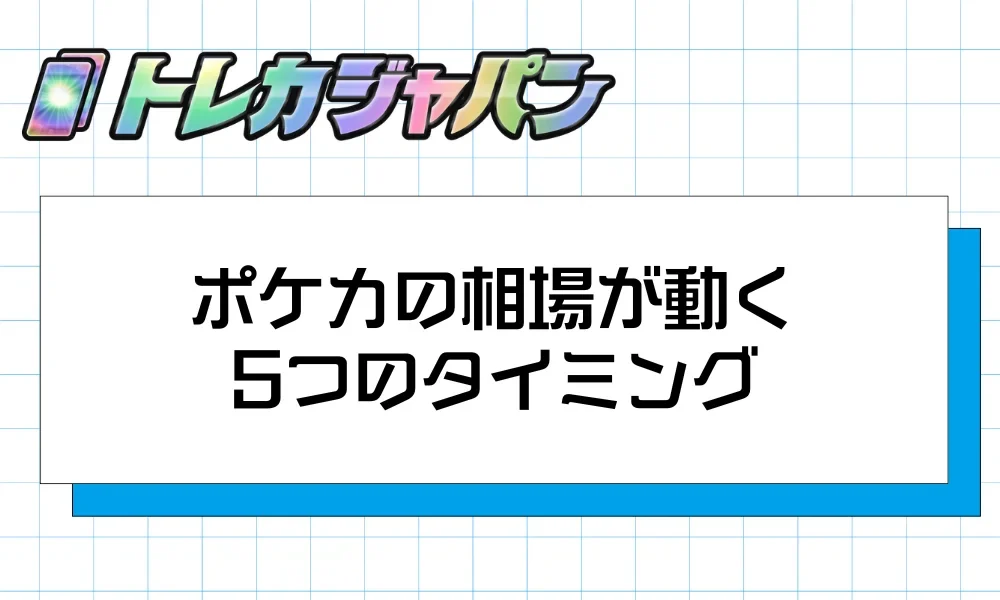 新弾・再録、レギュ落ち、周年イベント、環境変化、需給バランスの5つの相場トリガーの図解